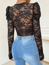 Women Contrast Lace Puff Sleeve Bodysuit, Spring & Summer